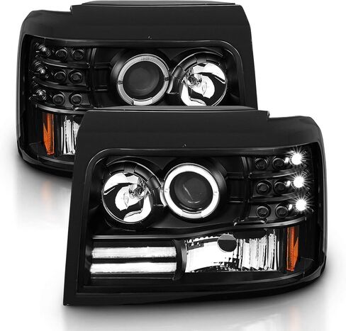 AmeriLite LED Halo Bar Projector Replacement Halogen Car Headlights Set For Ford F-150/F250/F350/Bronco - Passenger Right and Driver Left Side, Vehicle Light Assembly, Black in Kuwait