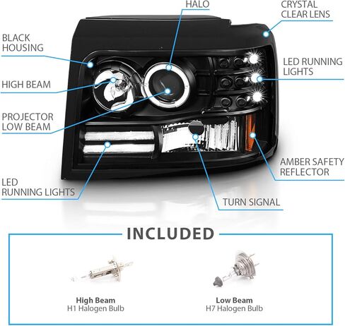 AmeriLite LED Halo Bar Projector Replacement Halogen Car Headlights Set For Ford F-150/F250/F350/Bronco - Passenger Right and Driver Left Side, Vehicle Light Assembly, Black in Kuwait