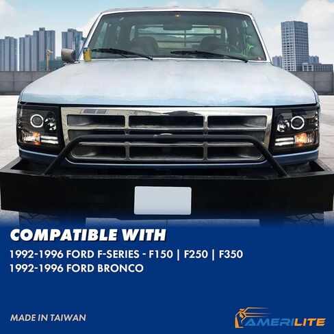 AmeriLite LED Halo Bar Projector Replacement Halogen Car Headlights Set For Ford F-150/F250/F350/Bronco - Passenger Right and Driver Left Side, Vehicle Light Assembly, Black in Kuwait