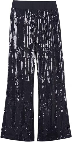 WELAKEN Girls Sequin Flare Pants Sparkle Elastic Waist Dance Pants with Pockets in Kuwait