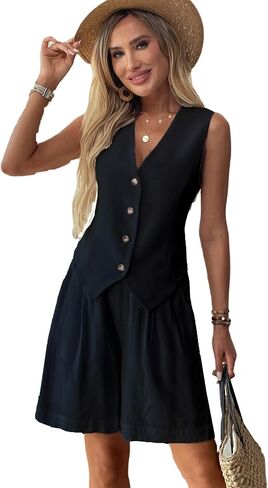 Women's 2 Piece Outfits Summer Linen Vest Waistcoat and Shorts Suits Dressy Casual Vacation Beach Two Piece Sets in Saudi Arabia