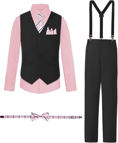 Boys Suits Formal Dress Vest and Pants Set for Kids Teens Boy, with Shirt Bowtie and Suspenders, Adjustable Waist in Kuwait