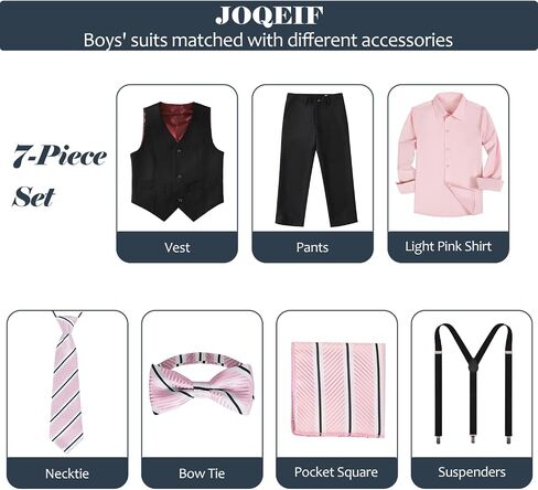 Boys Suits Formal Dress Vest and Pants Set for Kids Teens Boy, with Shirt Bowtie and Suspenders, Adjustable Waist in Kuwait