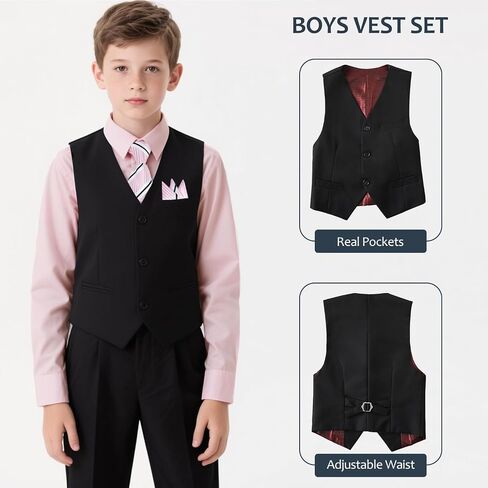 Boys Suits Formal Dress Vest and Pants Set for Kids Teens Boy, with Shirt Bowtie and Suspenders, Adjustable Waist in Kuwait
