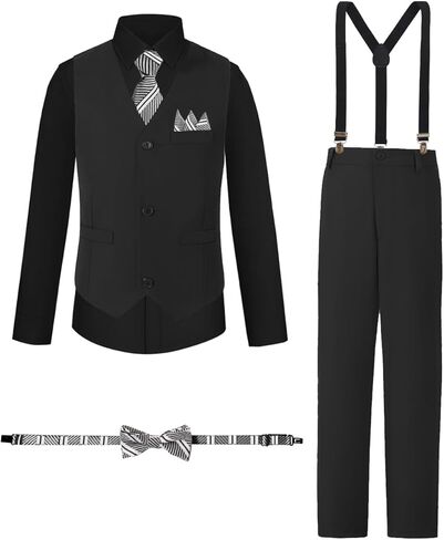 Boys Suits Formal Dress Vest and Pants Set for Kids Teens Boy, with Shirt Bowtie and Suspenders, Adjustable Waist in Kuwait