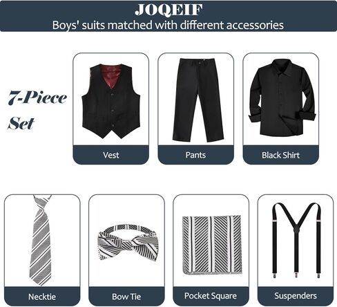 Boys Suits Formal Dress Vest and Pants Set for Kids Teens Boy, with Shirt Bowtie and Suspenders, Adjustable Waist in Kuwait