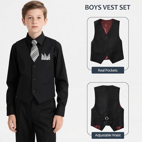 Boys Suits Formal Dress Vest and Pants Set for Kids Teens Boy, with Shirt Bowtie and Suspenders, Adjustable Waist in Kuwait