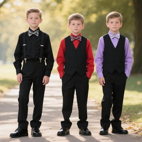 Boys Suits Formal Dress Vest and Pants Set for Kids Teens Boy, with Shirt Bowtie and Suspenders, Adjustable Waist in Kuwait