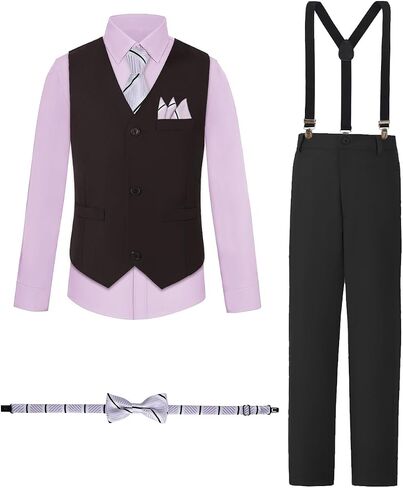 Boys Suits Formal Dress Vest and Pants Set for Kids Teens Boy, with Shirt Bowtie and Suspenders, Adjustable Waist in Kuwait