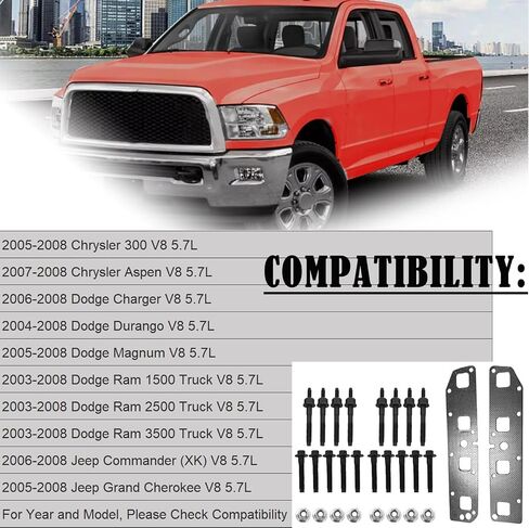 Front Exhaust Manifold Gasket Set + Bolt, Studs & Nuts Hardware Kit Set for 2003-2008 Dodge Ram 1500 2500 3500 Truck 5.7L Left, Right Side in Saudi Arabia
