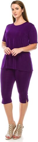 Jostar Women's 2 Piece Set – Short Sleeve T Shirts Top and Capri Pants with Side Slit Solid Casual Outfit in Saudi Arabia