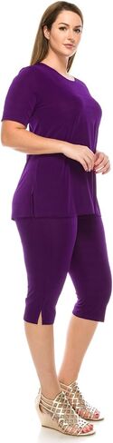 Jostar Women's 2 Piece Set – Short Sleeve T Shirts Top and Capri Pants with Side Slit Solid Casual Outfit in Saudi Arabia