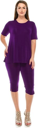 Jostar Women's 2 Piece Set – Short Sleeve T Shirts Top and Capri Pants with Side Slit Solid Casual Outfit in Saudi Arabia