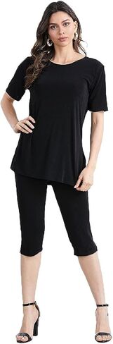 Jostar Women's 2 Piece Set – Short Sleeve T Shirts Top and Capri Pants with Side Slit Solid Casual Outfit in Saudi Arabia