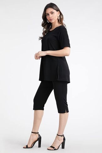 Jostar Women's 2 Piece Set – Short Sleeve T Shirts Top and Capri Pants with Side Slit Solid Casual Outfit in Saudi Arabia
