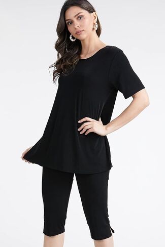 Jostar Women's 2 Piece Set – Short Sleeve T Shirts Top and Capri Pants with Side Slit Solid Casual Outfit in Saudi Arabia