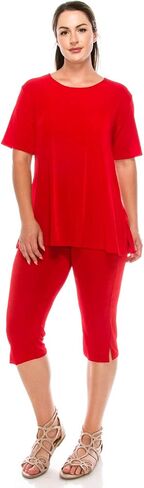 Jostar Women's 2 Piece Set – Short Sleeve T Shirts Top and Capri Pants with Side Slit Solid Casual Outfit in Saudi Arabia