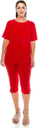 Jostar Women's 2 Piece Set – Short Sleeve T Shirts Top and Capri Pants with Side Slit Solid Casual Outfit in Saudi Arabia