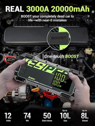 Yesper Car Battery Jump Starter ، 3000A Portable Jumper Starter مع شاحن سيارة 100W ، شاشة LED ، صندوق القفز 20000 مللي أمبير (محرك ديزل 8L غاز 8L) ، حزمة قفزة 12V مع الداعم ، ضوء LED in Kuwait
