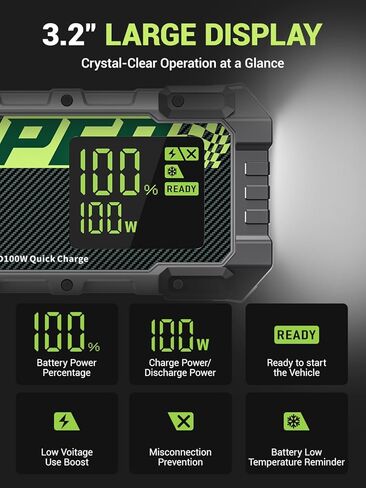 Yesper Car Battery Jump Starter ، 3000A Portable Jumper Starter مع شاحن سيارة 100W ، شاشة LED ، صندوق القفز 20000 مللي أمبير (محرك ديزل 8L غاز 8L) ، حزمة قفزة 12V مع الداعم ، ضوء LED in Kuwait