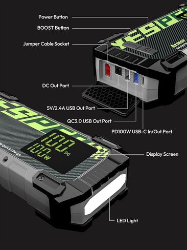 Yesper Car Battery Jump Starter ، 3000A Portable Jumper Starter مع شاحن سيارة 100W ، شاشة LED ، صندوق القفز 20000 مللي أمبير (محرك ديزل 8L غاز 8L) ، حزمة قفزة 12V مع الداعم ، ضوء LED in Kuwait