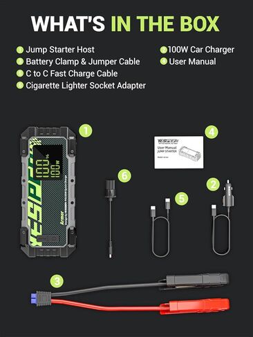 Yesper Car Battery Jump Starter ، 3000A Portable Jumper Starter مع شاحن سيارة 100W ، شاشة LED ، صندوق القفز 20000 مللي أمبير (محرك ديزل 8L غاز 8L) ، حزمة قفزة 12V مع الداعم ، ضوء LED in Kuwait