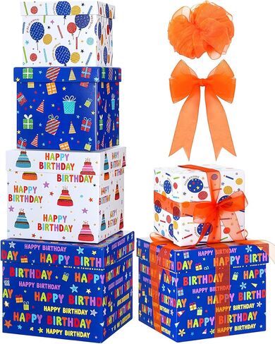4 Pcs Food Gift Basket Tower Gift Box with Lid Ribbon Chocolate Square Nested Box Assorted Sizes for Birthday Weddings Thank You Women Men Family Decoration(Happy Birthday) in Kuwait