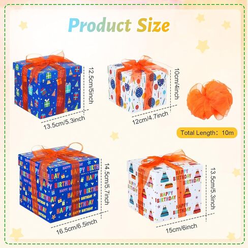 4 Pcs Food Gift Basket Tower Gift Box with Lid Ribbon Chocolate Square Nested Box Assorted Sizes for Birthday Weddings Thank You Women Men Family Decoration(Happy Birthday) in Kuwait