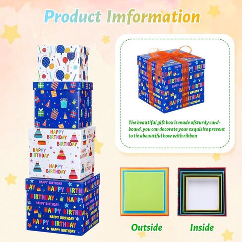 4 Pcs Food Gift Basket Tower Gift Box with Lid Ribbon Chocolate Square Nested Box Assorted Sizes for Birthday Weddings Thank You Women Men Family Decoration(Happy Birthday) in Kuwait