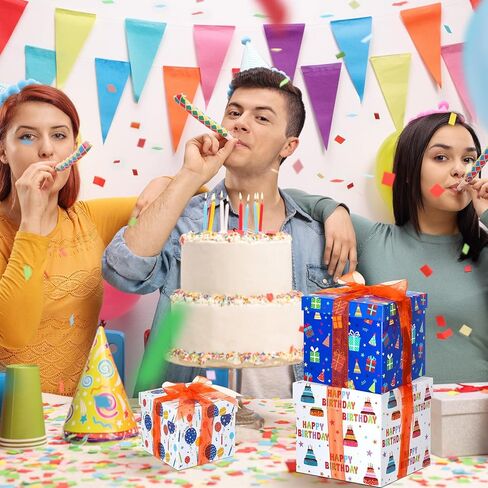 4 Pcs Food Gift Basket Tower Gift Box with Lid Ribbon Chocolate Square Nested Box Assorted Sizes for Birthday Weddings Thank You Women Men Family Decoration(Happy Birthday) in Kuwait