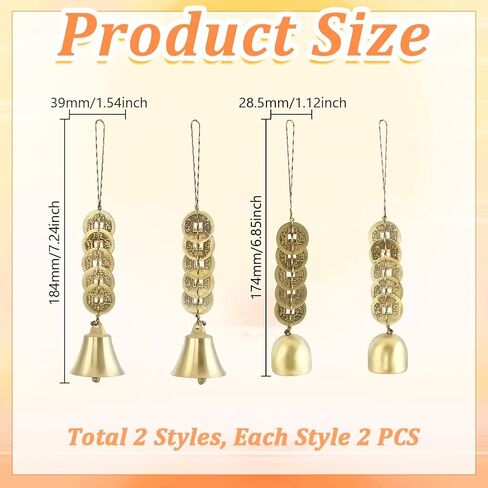 Adlemaker 2pcs 2 Styles صينية فنغ شوي أجراس ، نحاس حظا سعيدا معلقة الجرس مع 5 أبواب العملات لنجاح صحة الثروة الديكور الثقافي التقليدية للحقيبة باب المنزل تدق الرياح in Saudi Arabia
