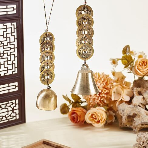 Adlemaker 2pcs 2 Styles صينية فنغ شوي أجراس ، نحاس حظا سعيدا معلقة الجرس مع 5 أبواب العملات لنجاح صحة الثروة الديكور الثقافي التقليدية للحقيبة باب المنزل تدق الرياح in Saudi Arabia