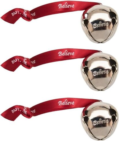 Bevin Bells Believe Sleigh Bells Ornament (3-Pack) | 1.5" Made of Steel | Hanging Bells with a Red Satin Believe Ribbon | Great Tone | Xmas Gift or Stocking Stuffer | Made in The USA in Kuwait