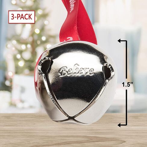 Bevin Bells Believe Sleigh Bells Ornament (3-Pack) | 1.5" Made of Steel | Hanging Bells with a Red Satin Believe Ribbon | Great Tone | Xmas Gift or Stocking Stuffer | Made in The USA in Kuwait