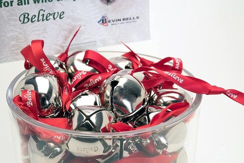 Bevin Bells Believe Sleigh Bells Ornament (3-Pack) | 1.5" Made of Steel | Hanging Bells with a Red Satin Believe Ribbon | Great Tone | Xmas Gift or Stocking Stuffer | Made in The USA in Kuwait
