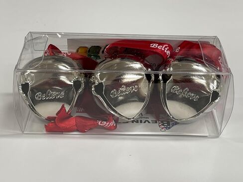 Bevin Bells Believe Sleigh Bells Ornament (3-Pack) | 1.5" Made of Steel | Hanging Bells with a Red Satin Believe Ribbon | Great Tone | Xmas Gift or Stocking Stuffer | Made in The USA in Kuwait