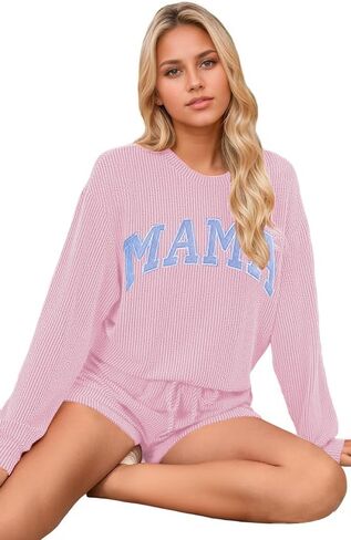 بيجامة عيد الميلاد للسيدات بأكمام طويلة مضلعة وسروال قصير متطابق مع مجموعة ملابس مريحة مع جيوب in Kuwait