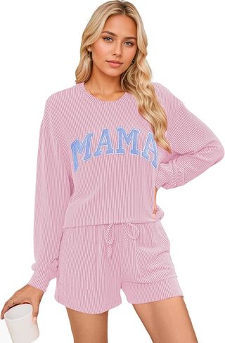 بيجامة عيد الميلاد للسيدات بأكمام طويلة مضلعة وسروال قصير متطابق مع مجموعة ملابس مريحة مع جيوب in Kuwait