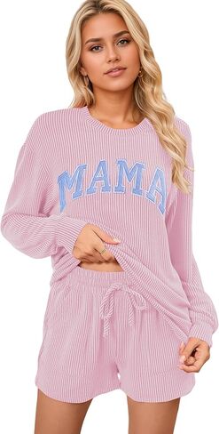 بيجامة عيد الميلاد للسيدات بأكمام طويلة مضلعة وسروال قصير متطابق مع مجموعة ملابس مريحة مع جيوب in Kuwait