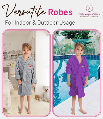 Personalized Kids Night Robe with Name - Custom Embroidered Bathrobe with Hood, Pockets & Belt - Fleece Robe for Boys & Girls in Kuwait