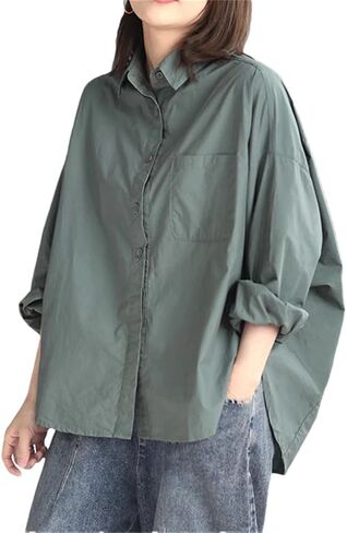 قميصات القطن من Hamthuit Women Spring Autumn Women Long Sleeve قمم قميص ملون صلب فضفاض in Kuwait