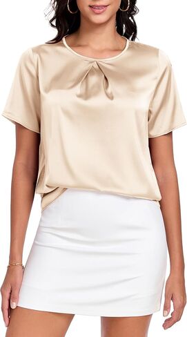 Womens Silk Satin Shirt Casual Short Sleeve Blouse Basic Round Neck Pleated Work Tops in Saudi Arabia