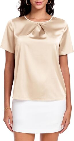 Womens Silk Satin Shirt Casual Short Sleeve Blouse Basic Round Neck Pleated Work Tops in Saudi Arabia