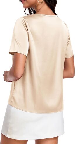 Womens Silk Satin Shirt Casual Short Sleeve Blouse Basic Round Neck Pleated Work Tops in Saudi Arabia