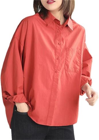 قميصات القطن من Hamthuit Women Spring Autumn Women Long Sleeve قمم قميص ملون صلب فضفاض in Kuwait