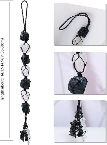 Runyangshi Natural Crystal Black Tourmaline&Clear Quartz Rough Stone Hanging Ornament with Chip Stones Tassels Reiki Healing Meditation Energy Balance Yoga Home Decor Gift in Saudi Arabia
