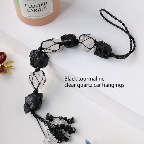 Runyangshi Natural Crystal Black Tourmaline&Clear Quartz Rough Stone Hanging Ornament with Chip Stones Tassels Reiki Healing Meditation Energy Balance Yoga Home Decor Gift in Saudi Arabia