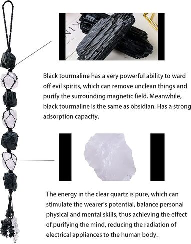 Runyangshi Natural Crystal Black Tourmaline&Clear Quartz Rough Stone Hanging Ornament with Chip Stones Tassels Reiki Healing Meditation Energy Balance Yoga Home Decor Gift in Saudi Arabia
