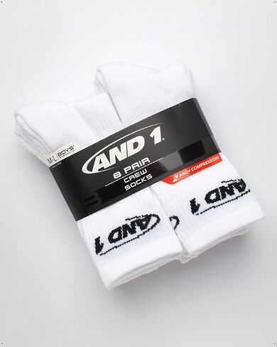 AND1 Boys' Crew Socks - 8 Pack Soft Athletic Mid Calf Socks for Boys - Boys Cushioned Sports Crew Socks (S-L) in Kuwait