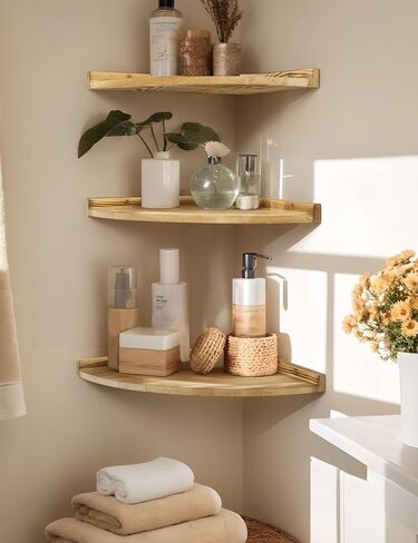 Corner Shelves Wall Mount, Rustic Natural Wood Corner Floating Shelf, Distressed White Storage Organizer Corner Wall Shelves for Living Room Kitchen Bedroom Bathroom Laundry, 9.68x9.68 Inch in Saudi Arabia